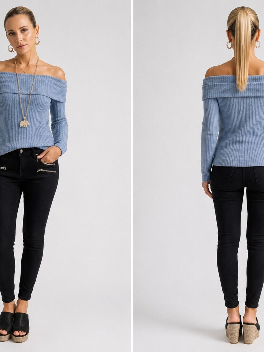 Off-The-Shoulder Ribbed Knit Fold-Over Top Sweater Made in USA Large